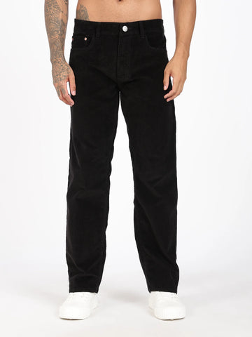 Jet Black Straight Corduroy Pants for Men