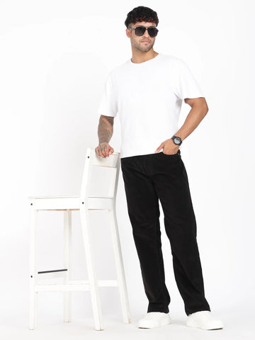 Jet Black Straight Corduroy Pants for Men