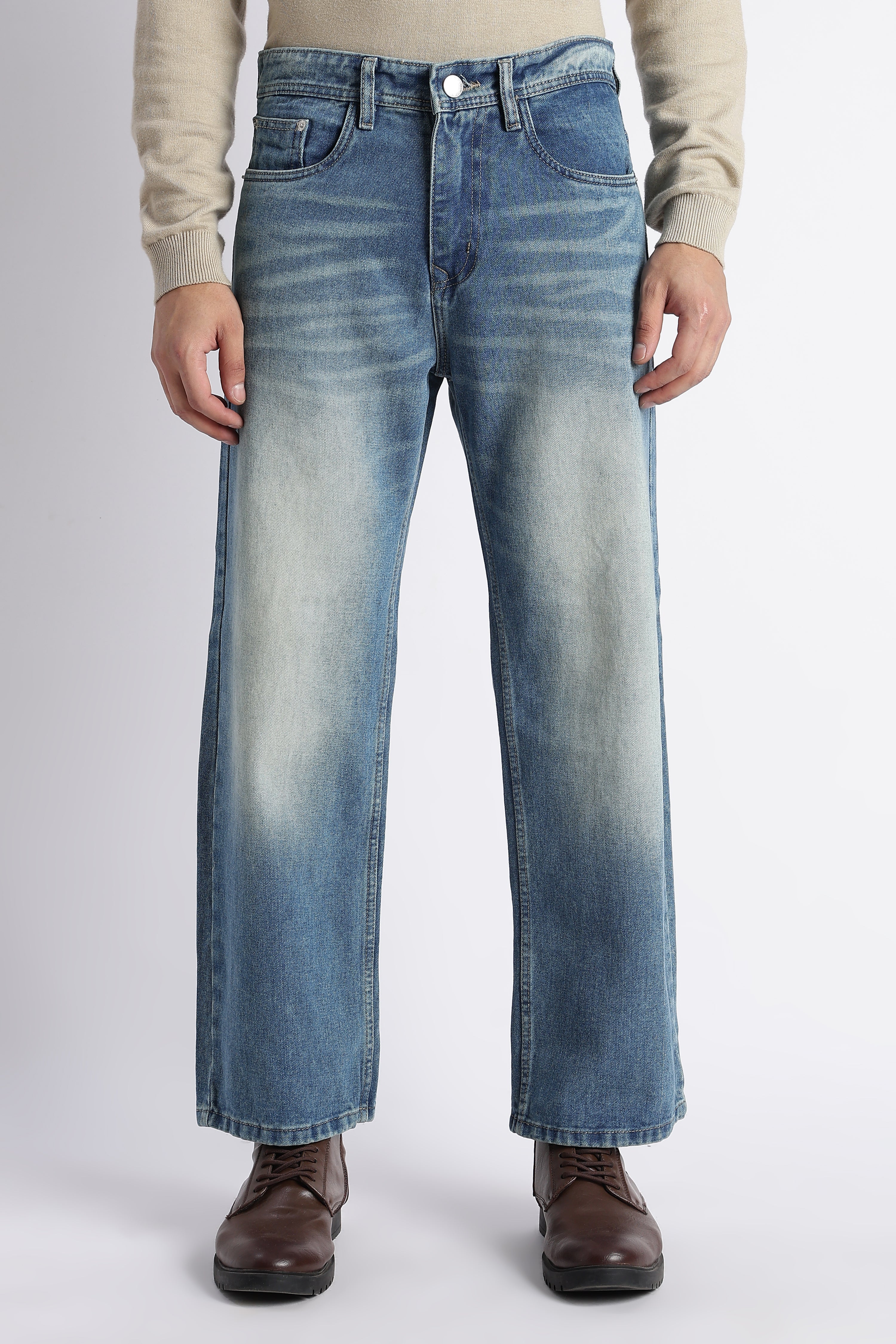 Sky Wash Baggy Wide Leg Jeans for Men