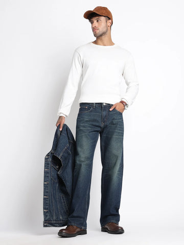 Deep Navy Vintage Wide Straight Fit Jeans for Men