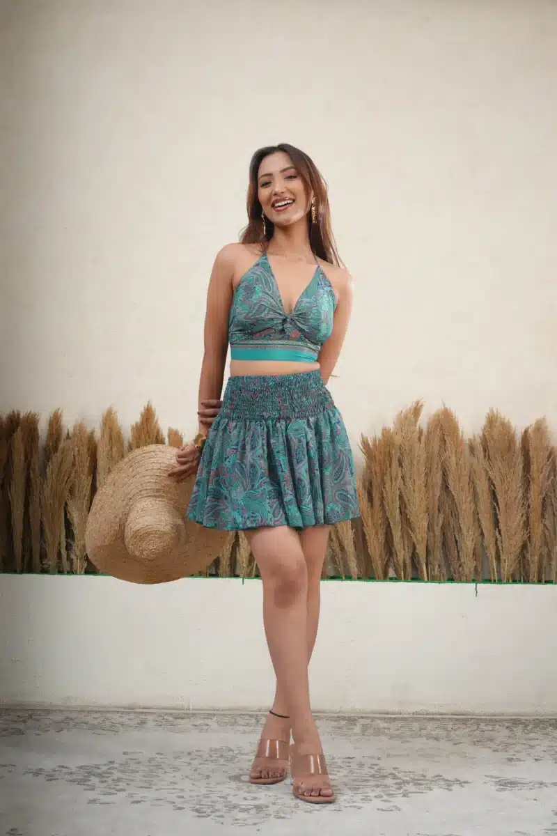 Turquoise Paisley Print Bohemian Two-Piece Set Halter Crop Top & Smocked Skirt Free Size