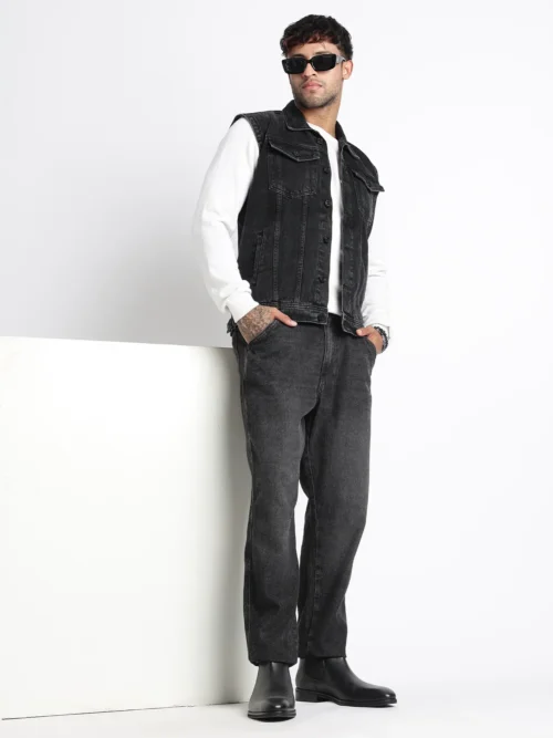 Washed Black Sleeveless Denim Jacket