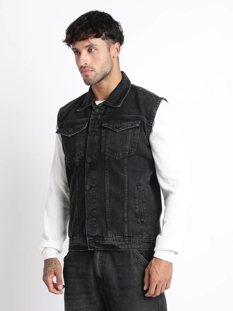 Washed Black Sleeveless Denim Jacket