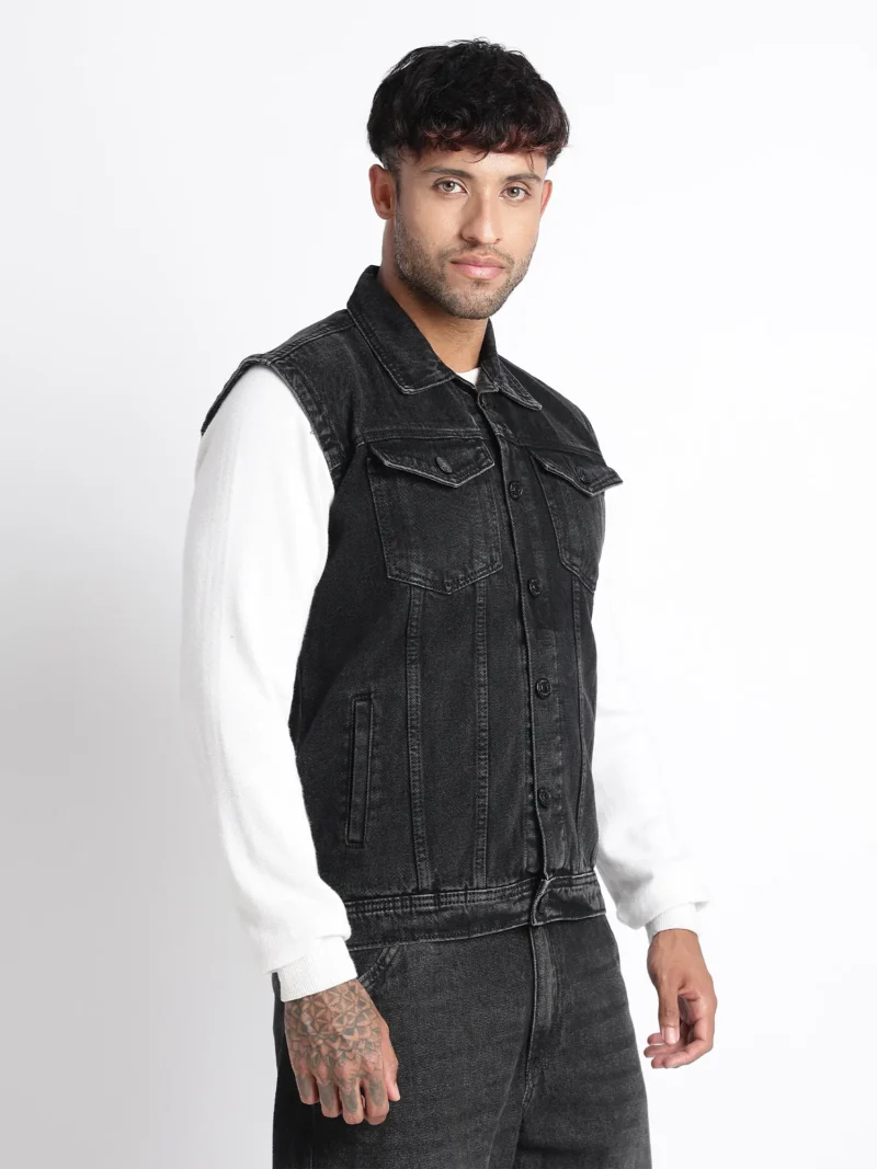 Washed Black Sleeveless Denim Jacket