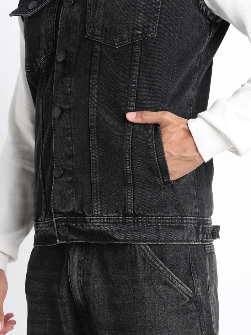 Washed Black Sleeveless Denim Jacket