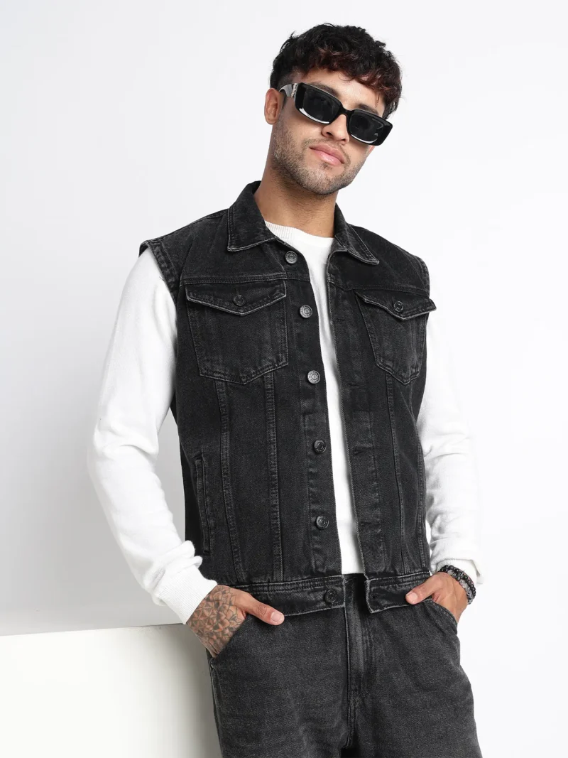 Washed Black Sleeveless Denim Jacket