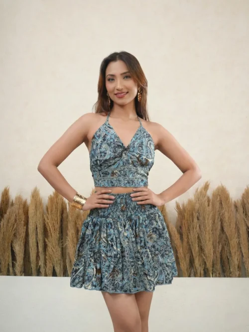 Teal Paisley Halter Top & Mini Skirt Set