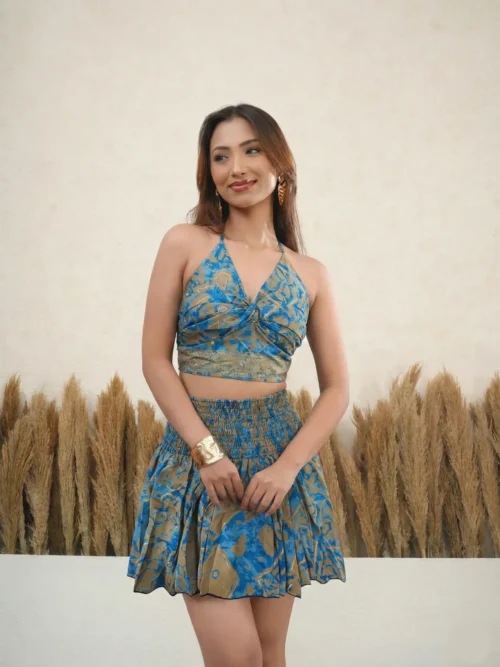 Teal & Gold Printed Halter Top & Mini Skirt Set